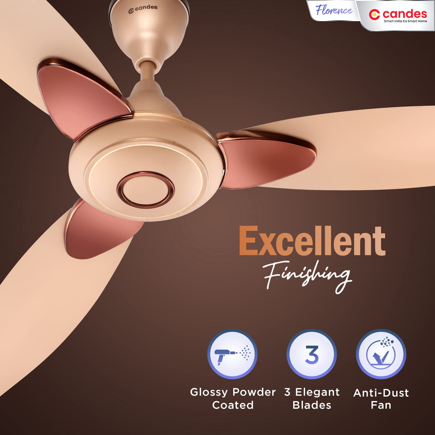 Candes Florence 1200mm/48 inch High Speed Anti-dust Decorative 3 Star Rated Ceiling Fan(100% CNC Winding) 405 RPM (2 Yrs Warranty) (Gold, Pack of 2)