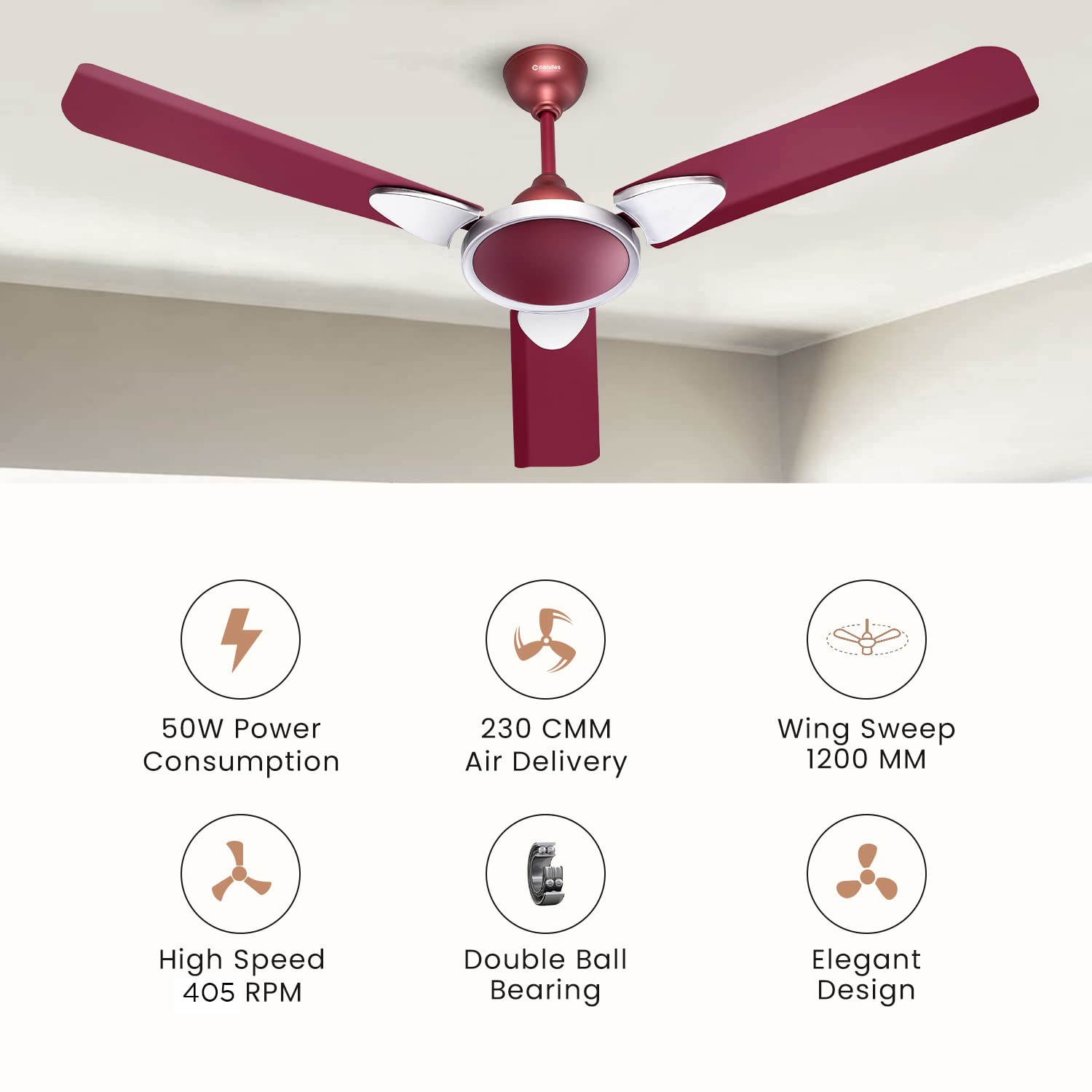 Candes Floreo 1200mm/48 inch High Speed 405 RPM Anti-dust Designer 3 Star Rated Ceiling Fan For Home With 2 Yrs Warranty (Maroon, Pack of 1)