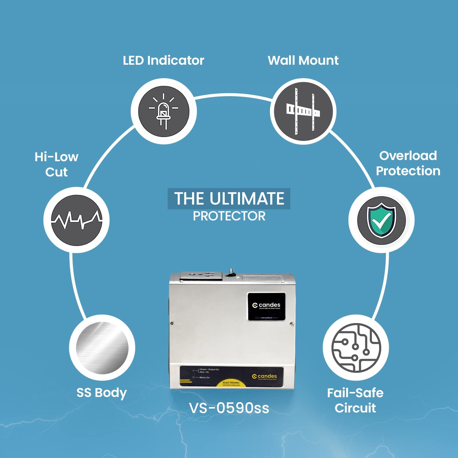 Candes Elite Voltage Stabilizer for Refrigerator up to 350 Ltr (Input Working Range 90 V - 300 V) Voltage Stabilizer (Silver, Black)