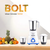 Candes Bolt 550-Watt Mixer Grinder with 3 Jars, Powerful Motor and 2 Year Warranty on Motor, (Blue White)