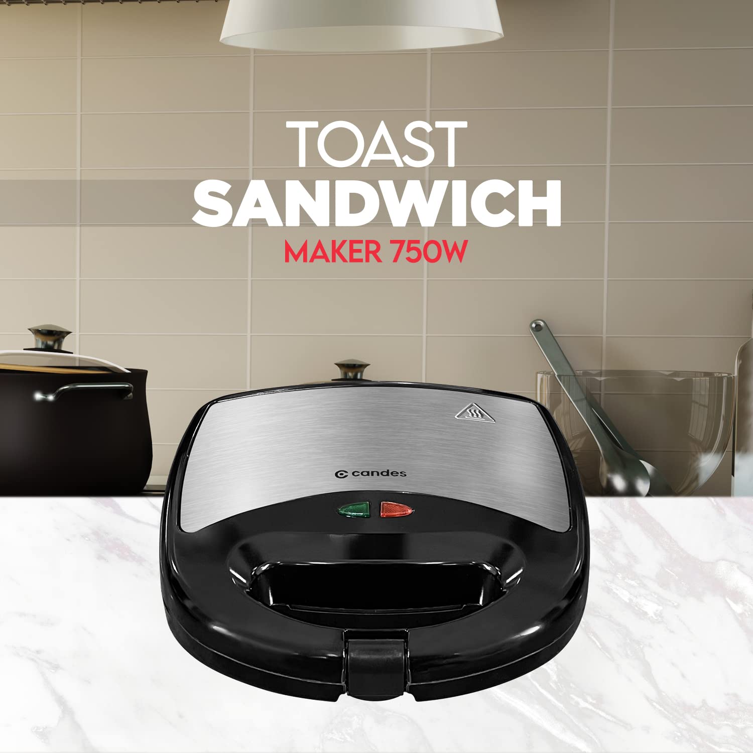 Candes Crunch Sandwich Toaster 4 Slices Non-Stick Fixed with Sandwich Plated Plates - 750 W (1 Year Warranty) Black & Silver