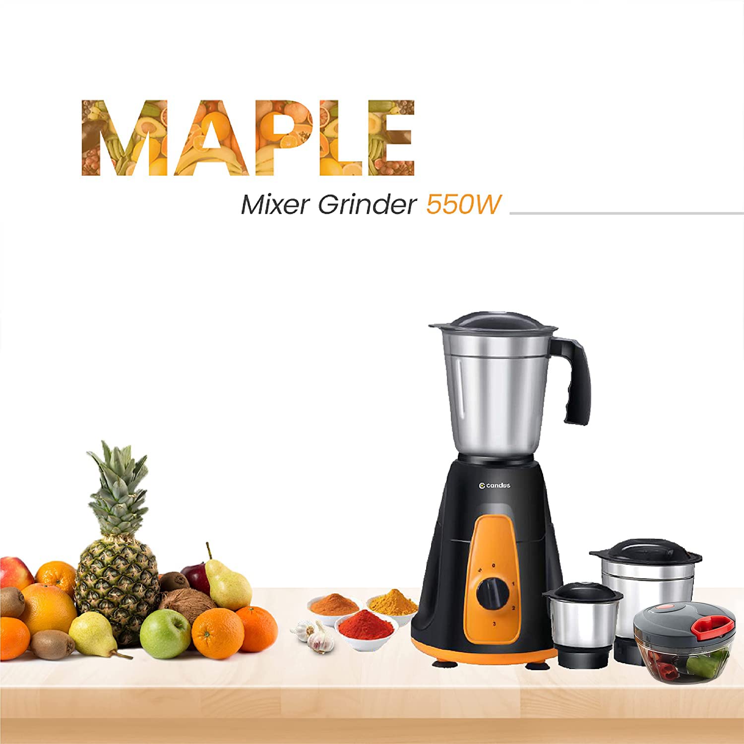 Candes MG154 Maple 550-Watt Mixer Grinder with 3 Jars (Powerful Motor and 2 Year Warranty Orange/Black) + Quick Hand Vegetables & Fruit Chopper Black, Red (Super Combo)