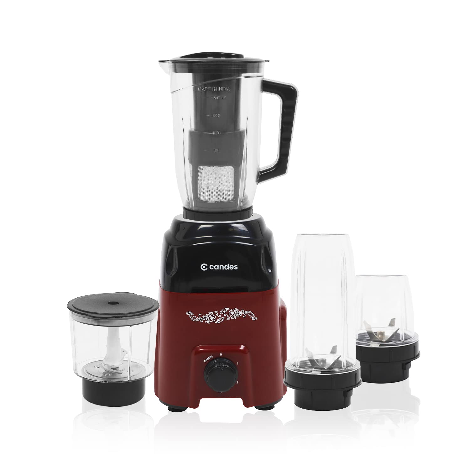 Candes Pearl 600 W Mixer Grinder 4 Jars - Black, Red (1 Year Warranty + 2 Year on Motor Only)