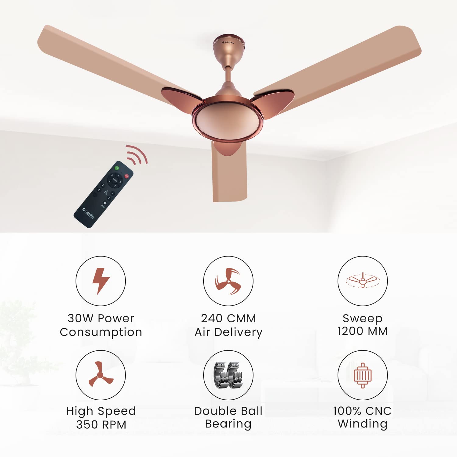 Candes Eco Zest Energy saving Designer 1200 mm / 48 inch Anti-Rust BLDC Ceiling Fan With Remote (2 Years Warranty) (Broken Gold)
