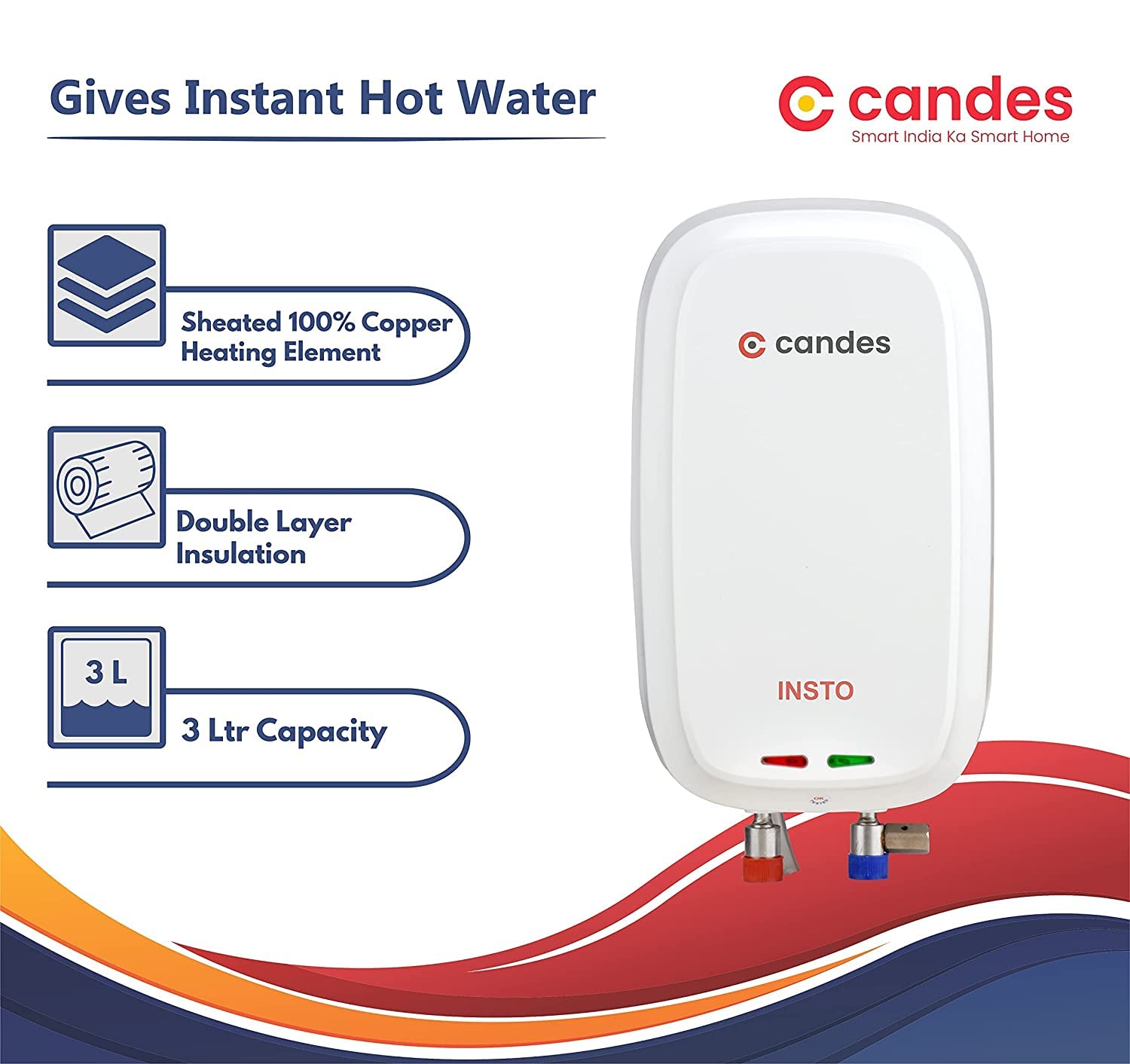 Candes Insto 3-Litre Instant Electric Water Heater Multiple Safety Geyser ABS Body, White