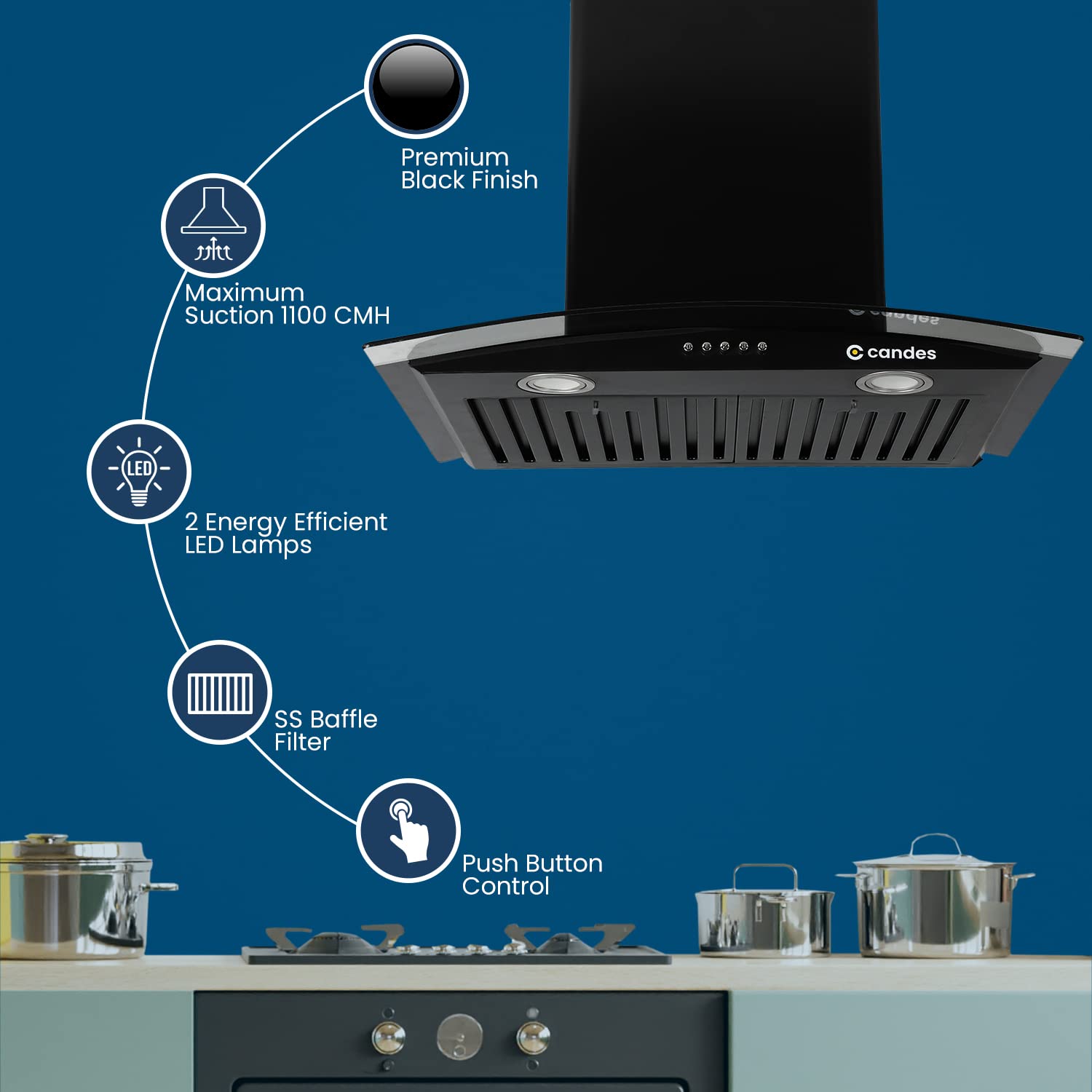 Candes Blaze Kitchen Chimney 60 Cms with Powerful 1100 m3/h Suction| Stainless Steel Baffle Filter | Curved Glass |Oil Collector |Anti-Fingerprint & Black Wall Mount Range Hood |3 Level Push Control | Stainless Steel Baffle Filter | Metal Blower | 2 Level