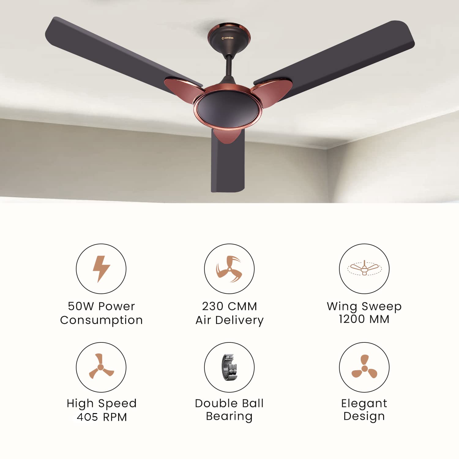 Candes Floreo 1200mm/48 inch High Speed 405 RPM Anti-dust Designer 3 Star Rated Ceiling Fan With 2 Yrs Warranty (Coffee Brown, Pack of 1)