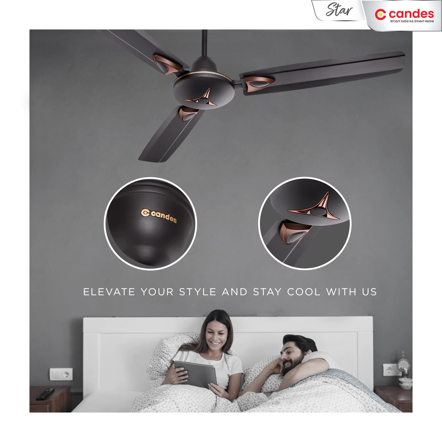 Candes Star 1200mm High-Speed Decorative Ceiling Fans for Home | BEE Star Rated 405 RPM Anti-Dust | 2 Years Warranty (Coffee Brown) Pack of 1