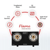 Flame Glass Top Gas Stove 2 Burner, Manual Ignition, Black