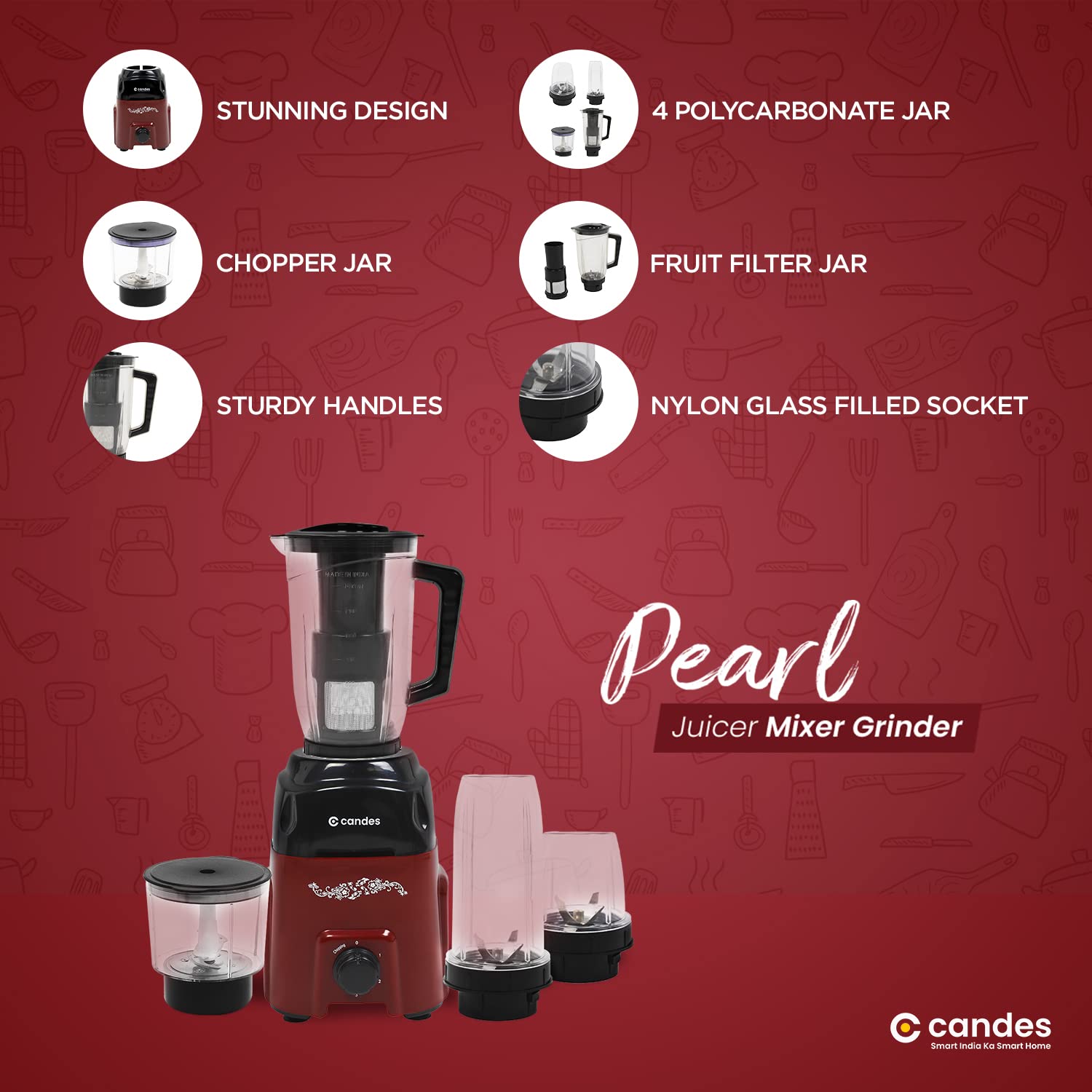 Candes Pearl 600 W Mixer Grinder 4 Jars - Black, Red (1 Year Warranty + 2 Year on Motor Only)