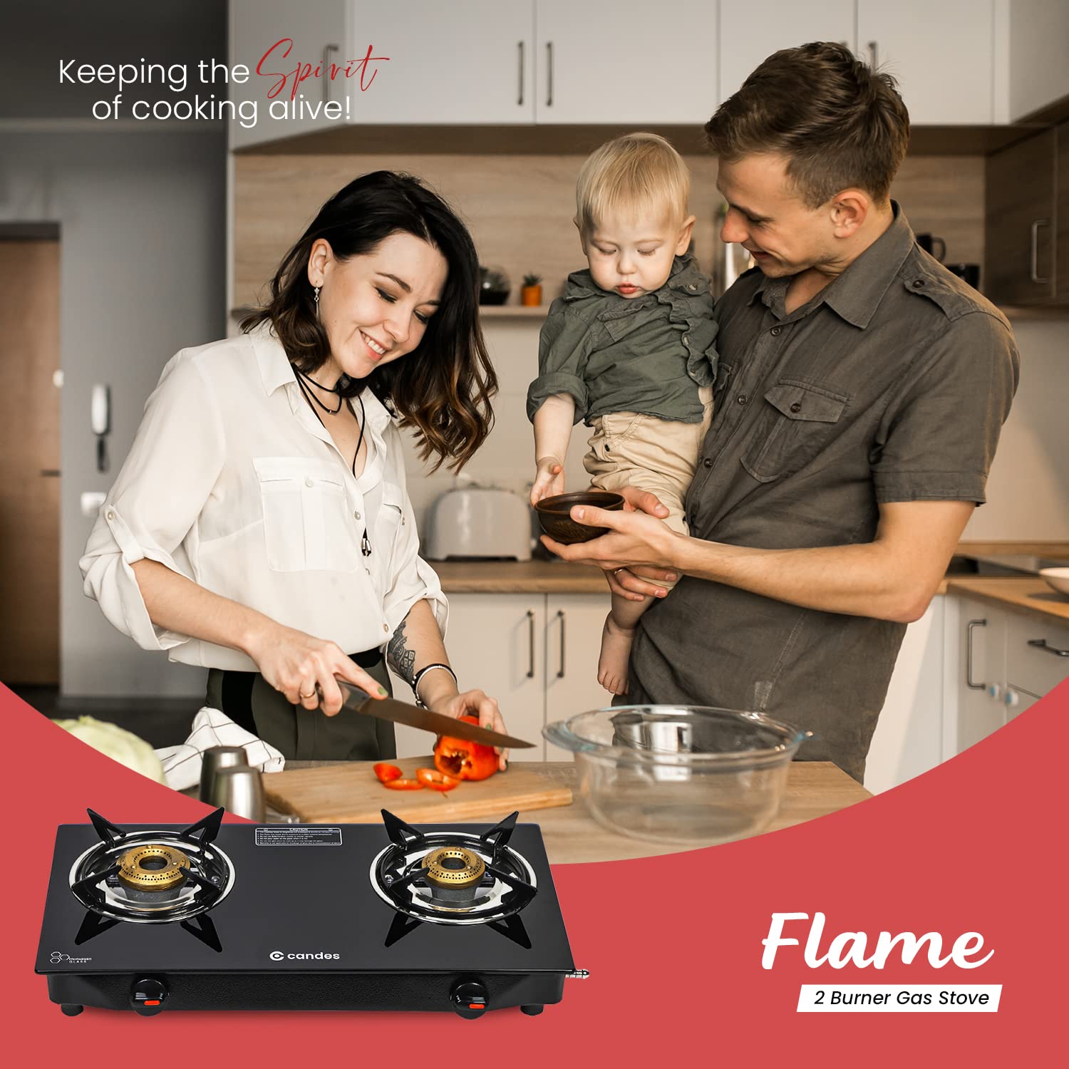 Candes Flame Glass Top Gas Stove | Manual Ignition, Black (ISI Certified | With 12 Months Warranty (2 Burner)
