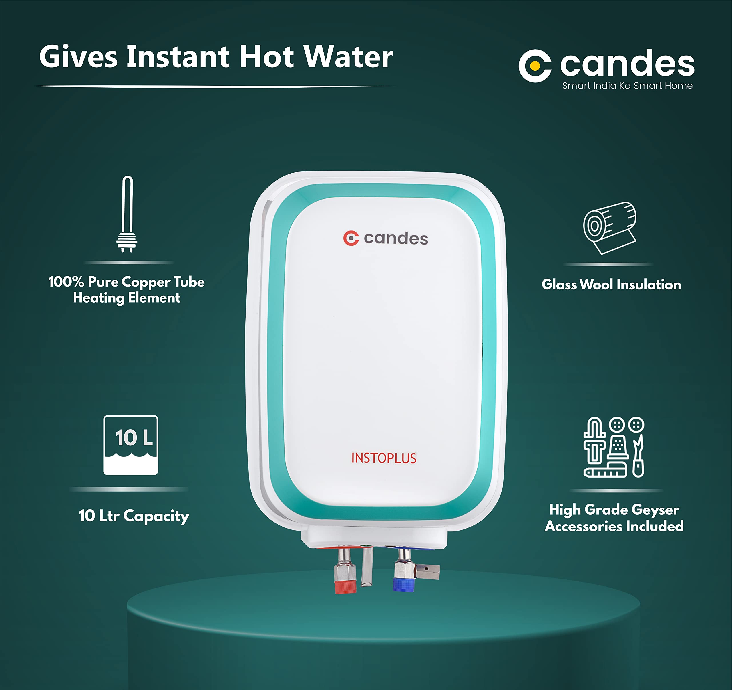 Candes 10 Litre InstoPlus Automatic Storage ISI Approved Vertical Electric Water Heater (Geyser) 5 Star Rated with Installation Kit & Special Anti Rust Body, (White) 2KW