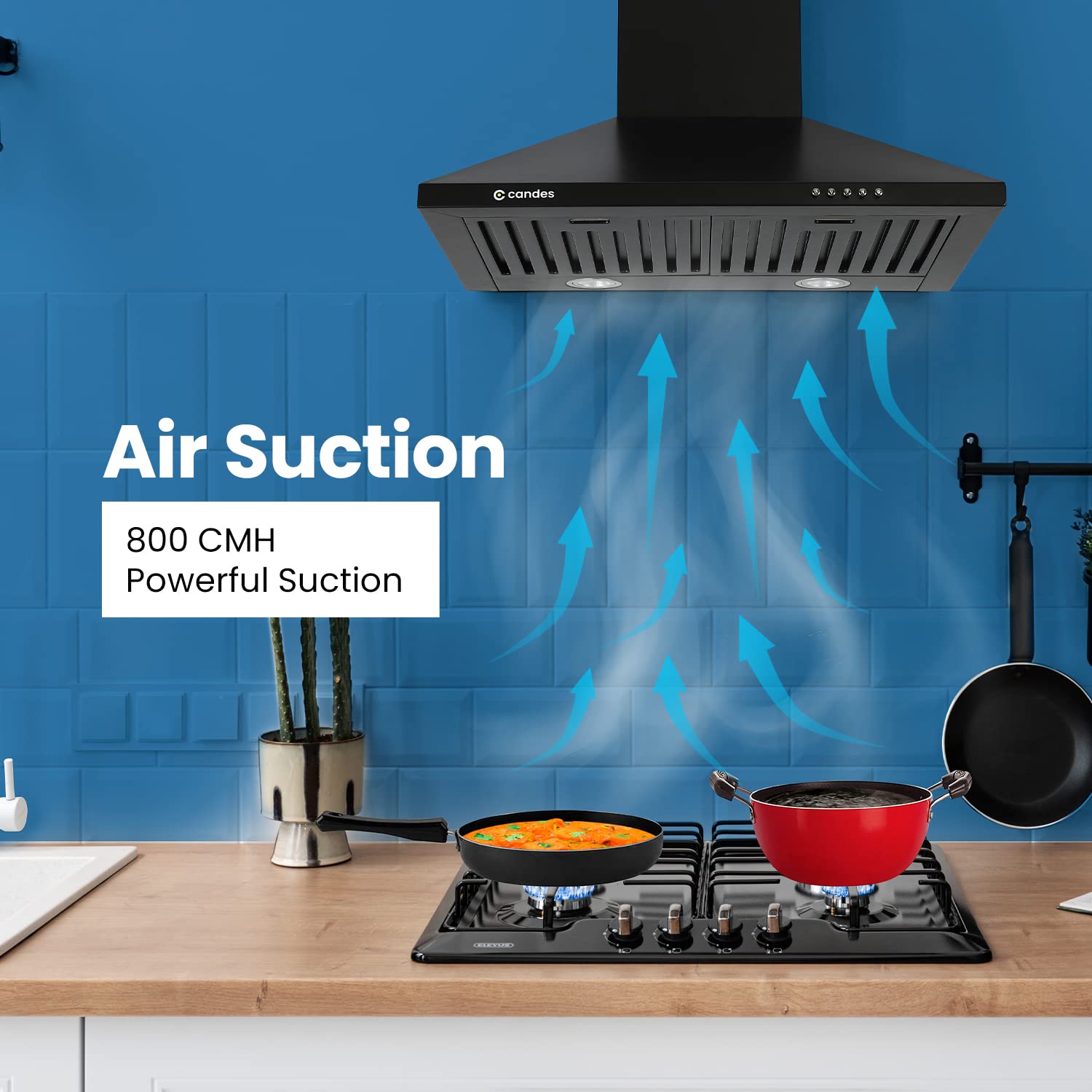 Candes Spire Kitchen Chimney 60 Cms with Powerful 800 m3/h Suction| Stainless Steel Baffle Filter | Anti-Fingerprint Black Wall Mount Range Hood | 3 Level Push Control |Plastic Blower | 2 Level Led Lighting | Warranty 1 Year on Product & 5 Years On Motor