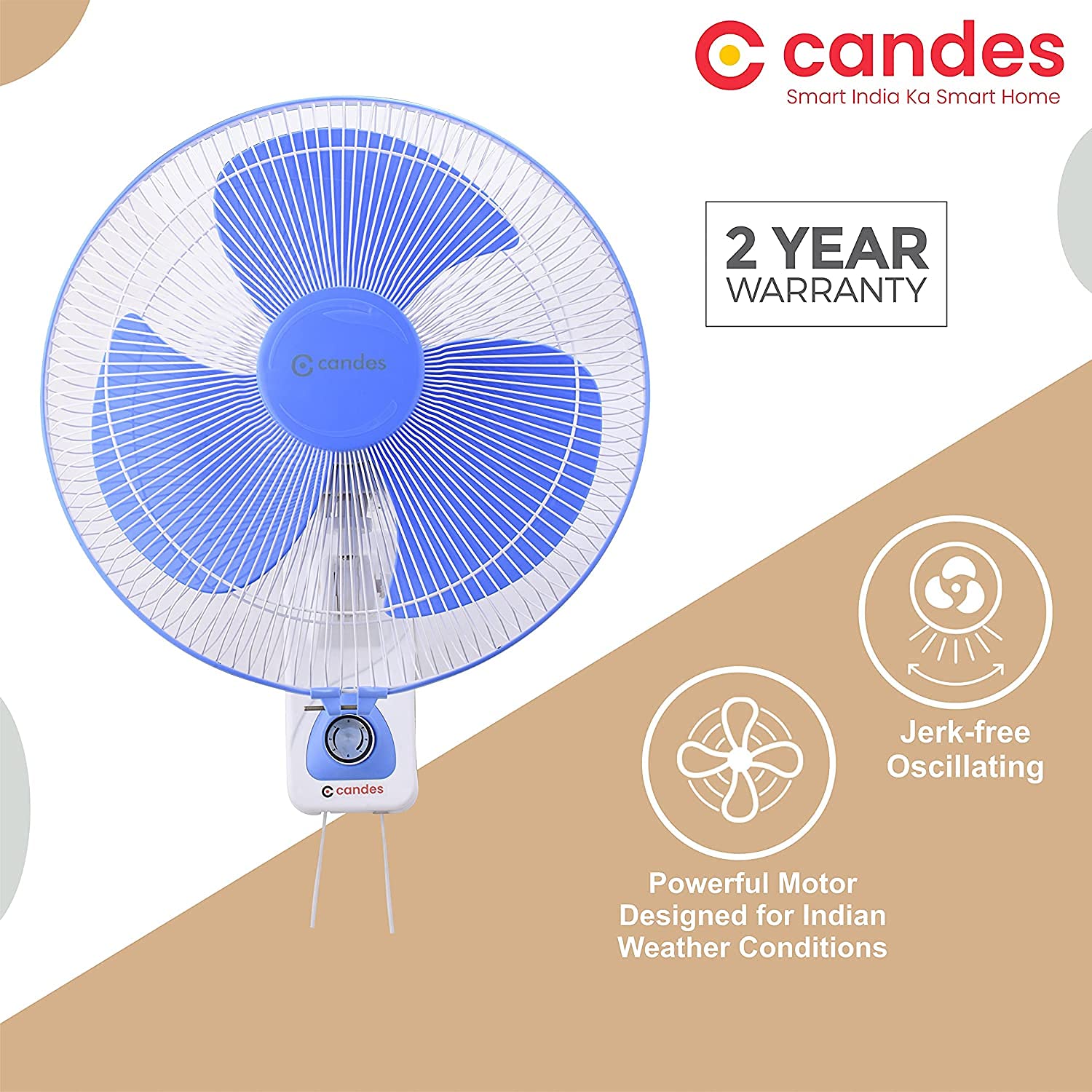 Candes Aura 3 Blade Automatic Oscillation Wall Fan With 2 Year Warranty (White Blue, 300mm)