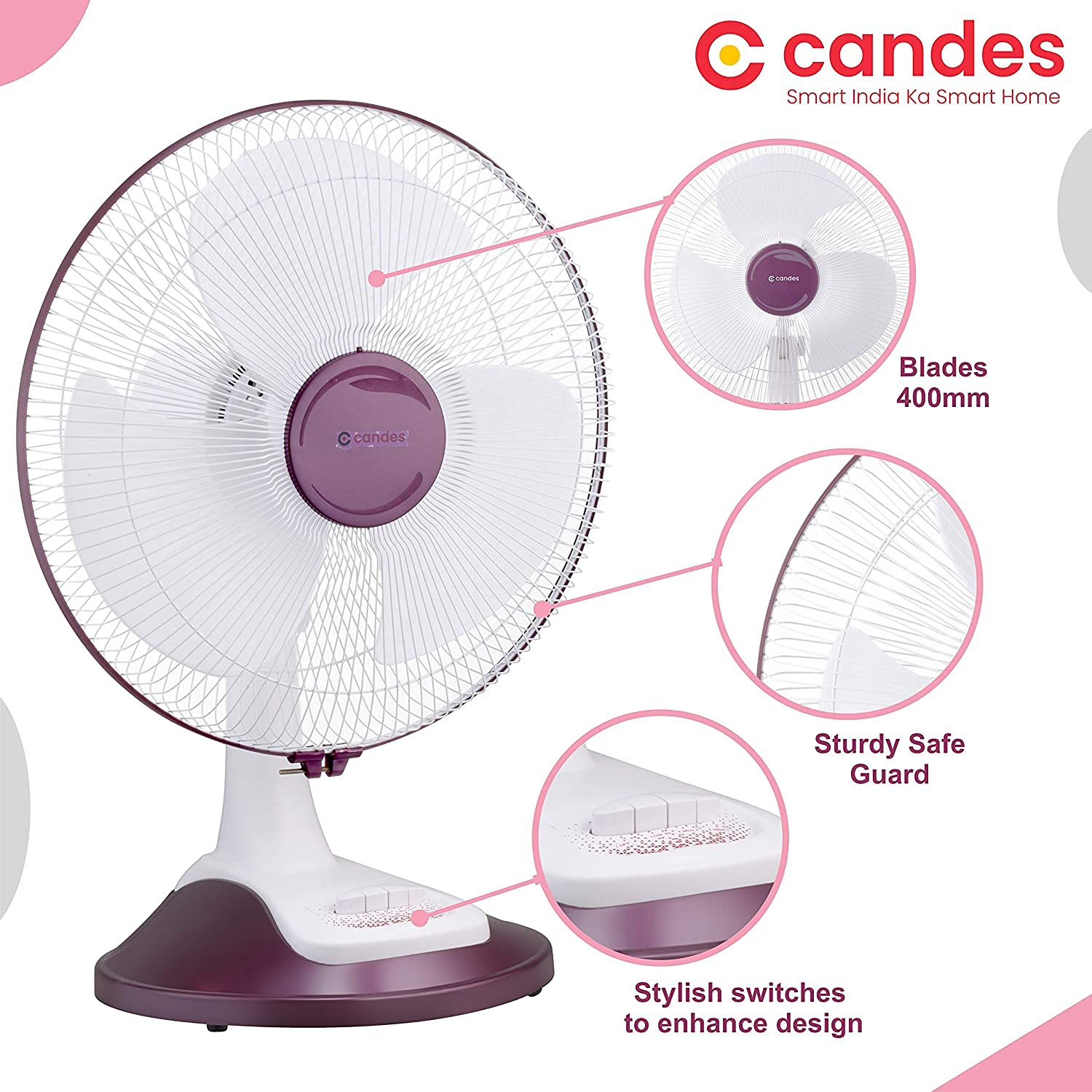 Candes Desker Table Fan for Cooling with Automatic Oscillation (400 MM) 80W (White Cherry)