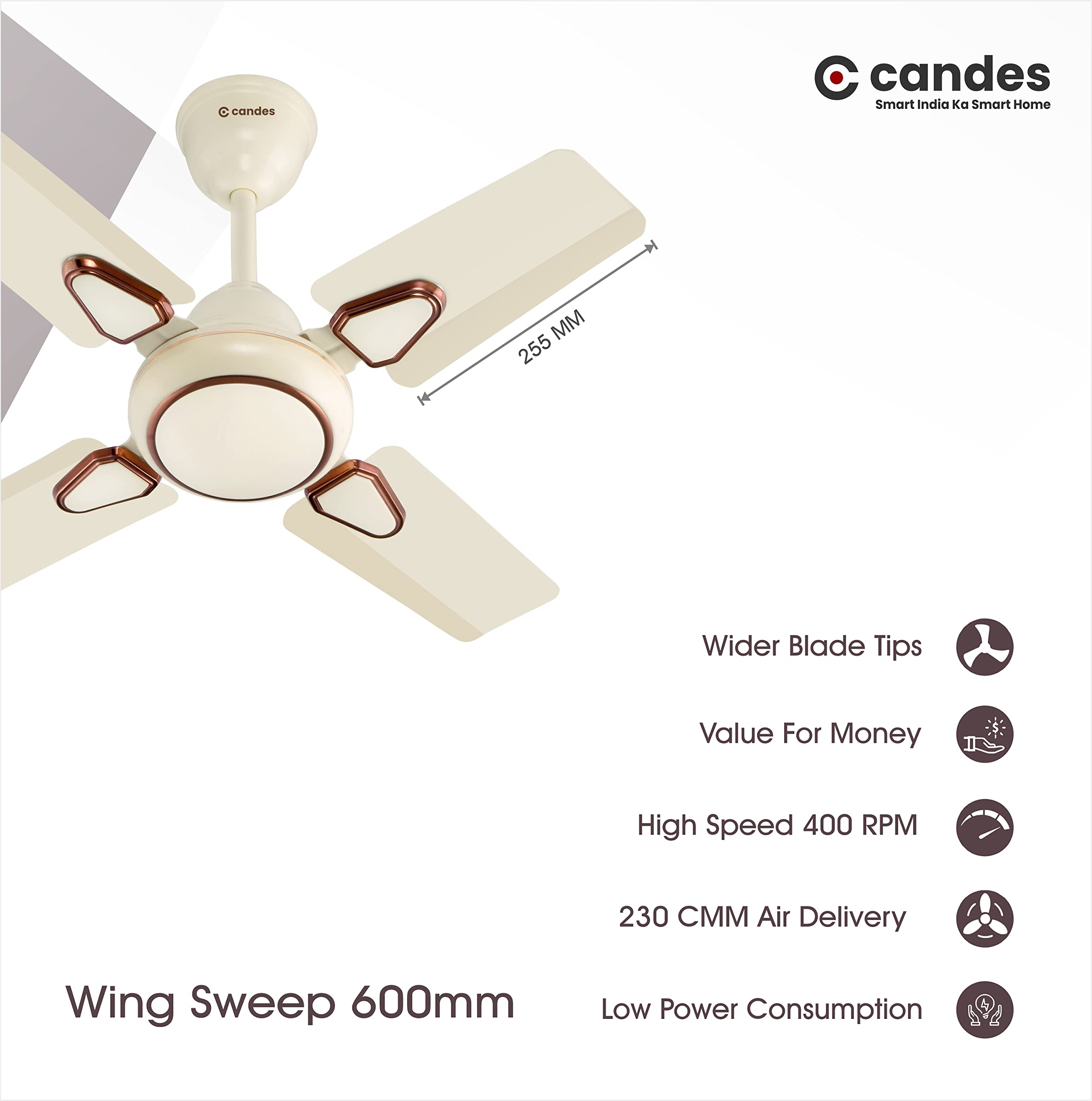 Candes Brio Turbo 600 mm / 24 Inch High Speed 4 Blade Anti-Dust Ceiling Fan Suitable for Kitchen/Veranda/Balcony/Small Room (Pack of 1,Ivory)