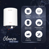 Candes 10 Litre Glanzo 5 Star Rated GlassLine Automatic Storage Electric Water Heater - 8 Bar Pressure with Installation Kit, Metal Body White