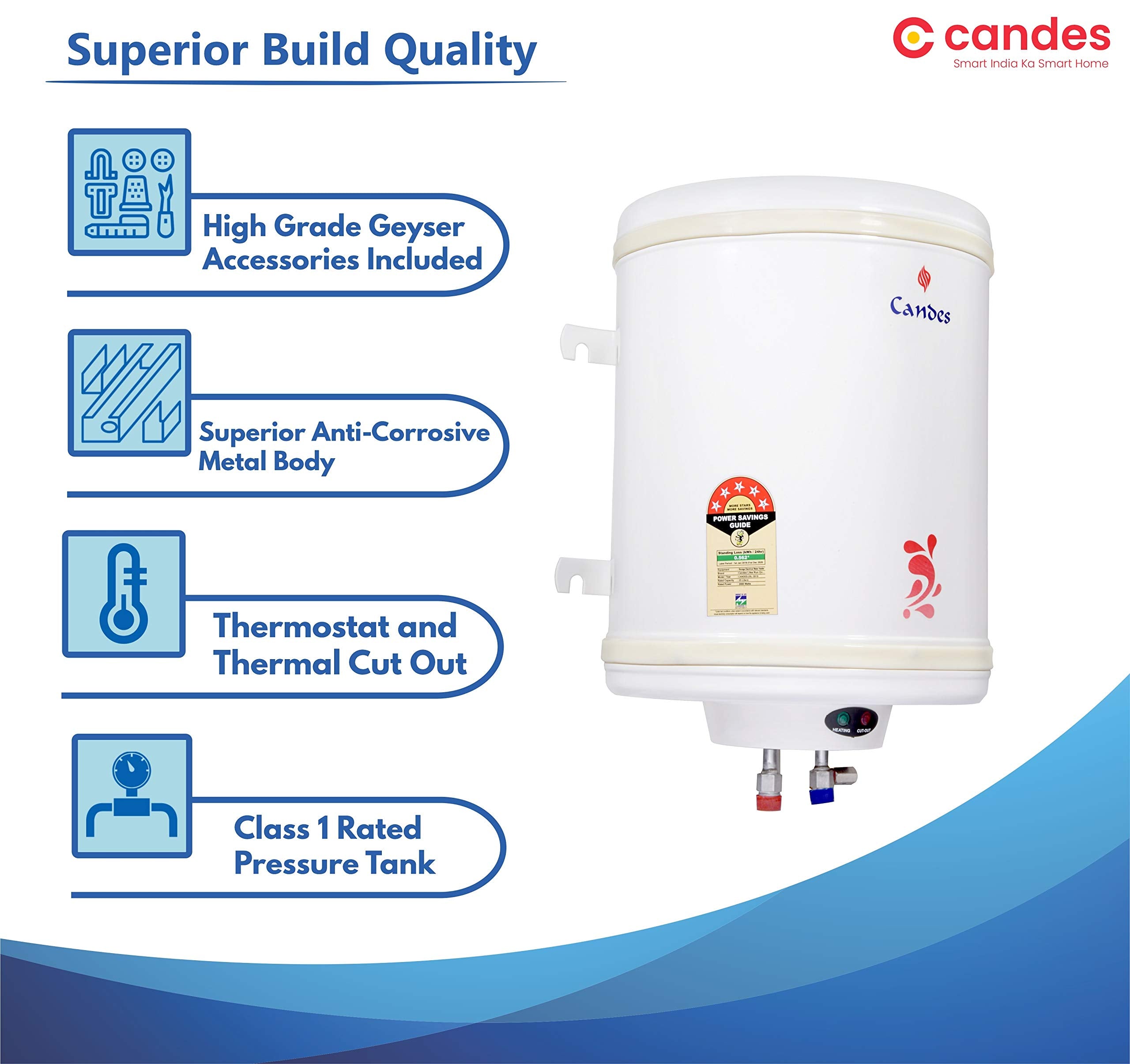 Candes 35 Litre Automatic Storage ISI Approved Vertical Electric Water Heater (Geyser) 5 Star Rated with Installation Kit & Special Anti Rust Body, (Ivory) (2000 W)