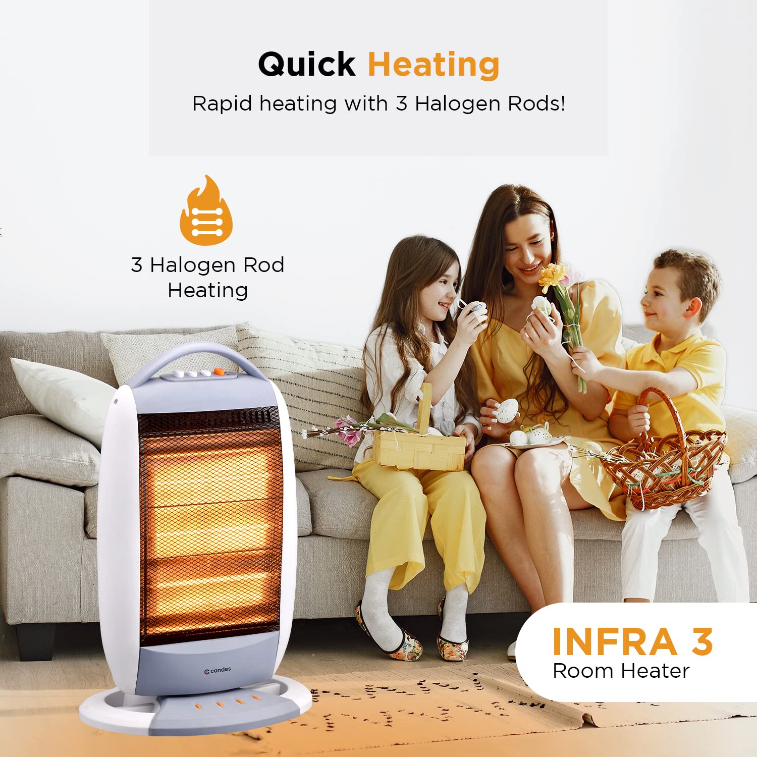 Candes New Infra3 1200 Watt Noiseless Portable Halogen Room Heater with Auto Moving Feature upto 180 degree ABS Body 3 Stage Heating Controller Overheating Protection 1Year Warranty White & Grey