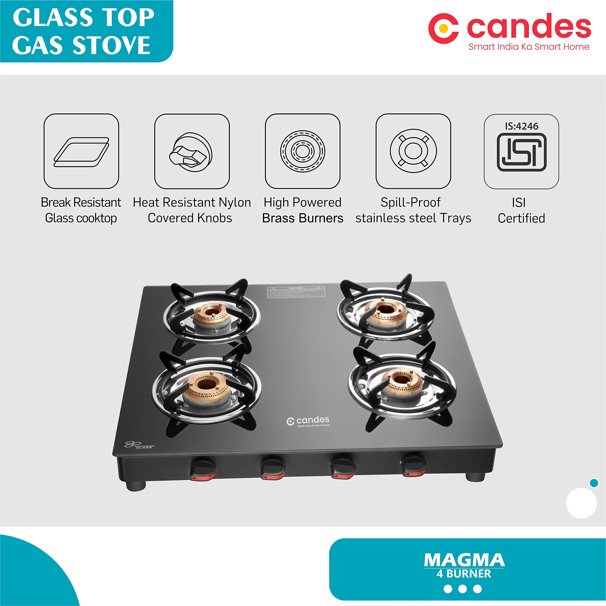 Candes Magma Glass Top Gas Stove, Manual Ignition, Black (ISI Certified, With 18 Months Warranty (4 Burner)