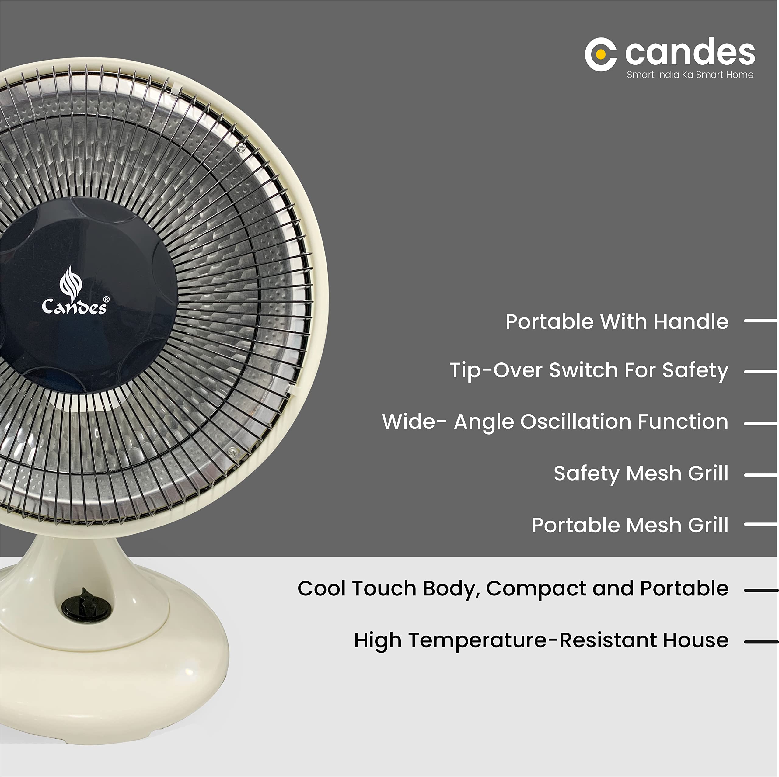 Candes Energy-Saving Noiseless Sun Room Heater with Oscillating Function, 700-750 Watts - Ivory