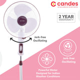 Candes Platine 400mm 3 Blade Automatic Oscillation Pedestal Fan With 2 Years Warranty (White Cherry)