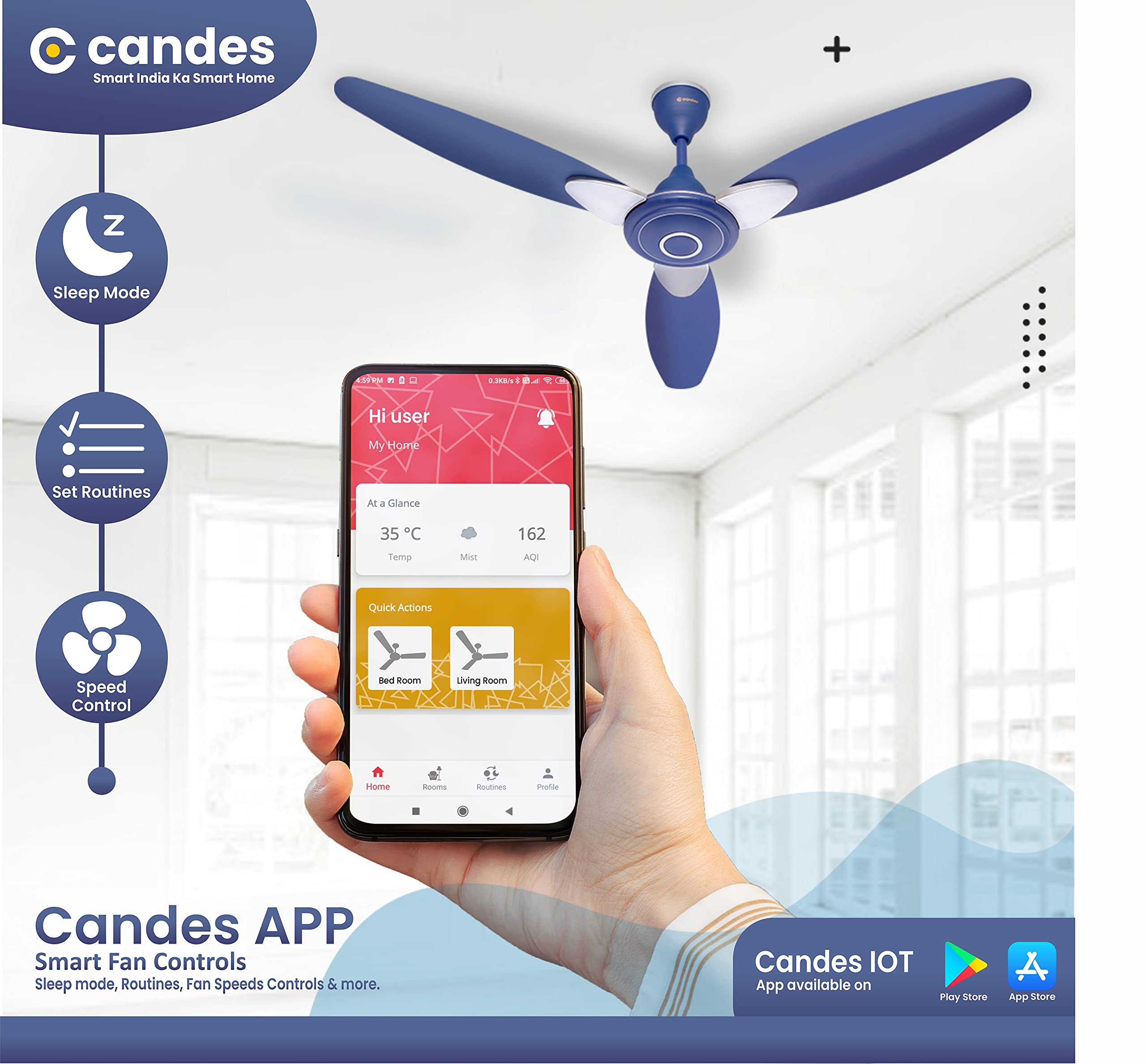 Candes Florence 1200mm/48Inch High Speed Decorative 5 Star Rated Ceiling Fan 400 RPM With 2 Yrs Warranty (Smart IOT With Remote) Silver Blue