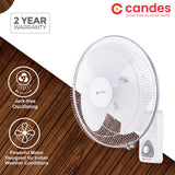 Candes Aura 3 Blade Automatic Oscillation Wall Fan With 2 Year Warranty (White Silver, 300mm)