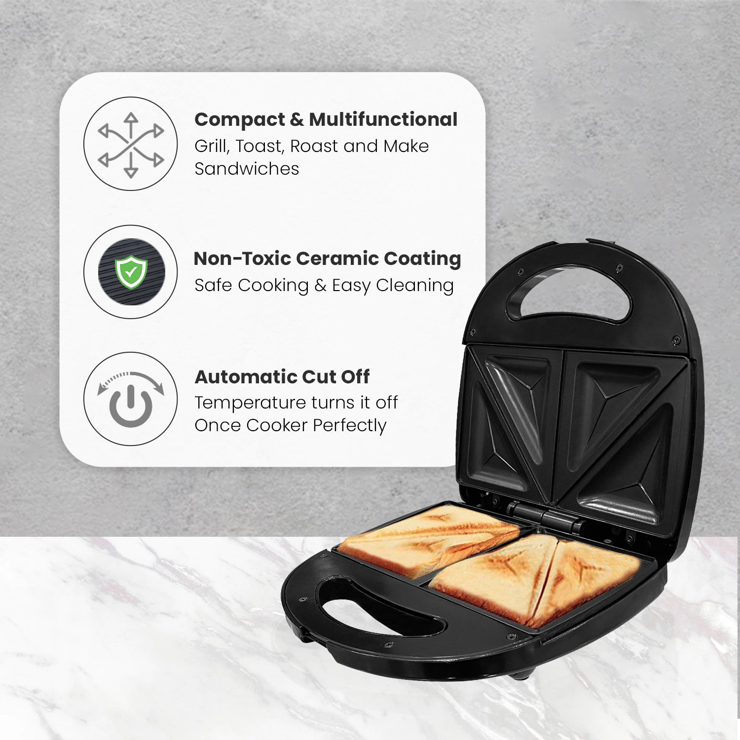 Crunch Sandwich Toaster, 750 W with 4 Slice Non-Stick Toast  (Black & Silver)
